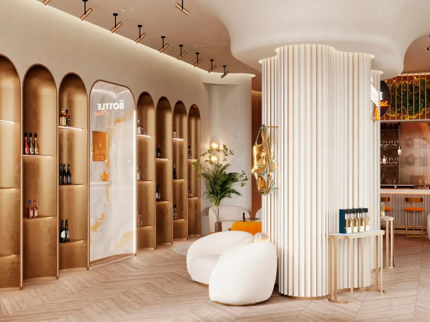 3D Rendering Pricing Guide: How Much Do 3D Renderings Cost in 2026 Curved retail interior with shelves and sculptural columns, 3D interior rendering services sample