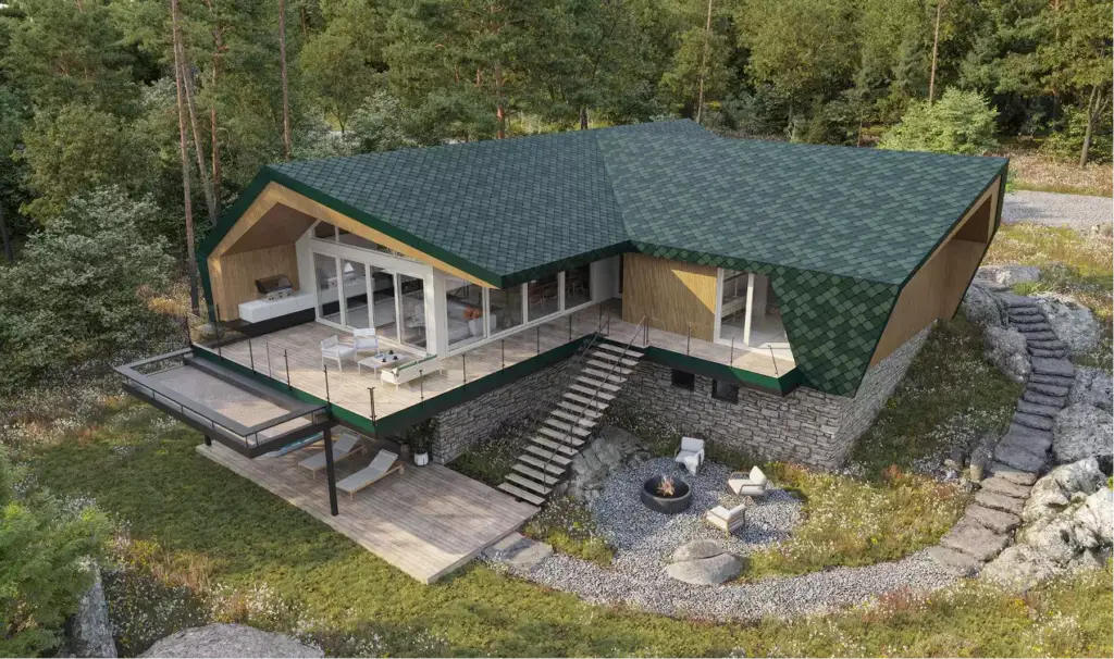 Retreat house design concept aerial view with green roof, stone base, terrace, and fire pit courtyard