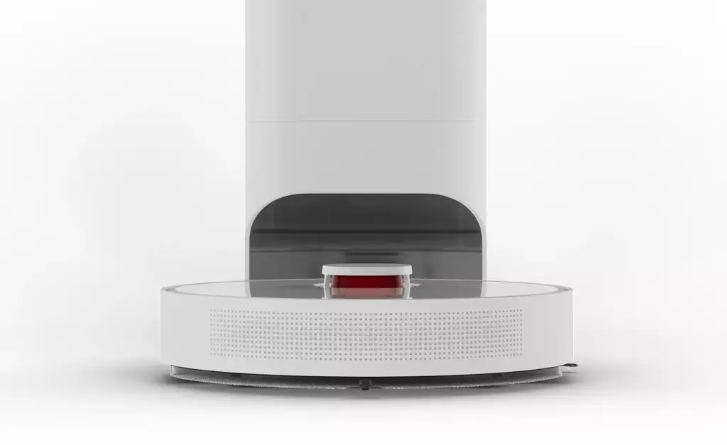 Robot vacuum cleaner design front view at docking station on white background showing round cleaning robot