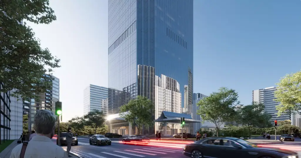 Street corner skyscraper rendering with glass tower, cars, trees, crosswalk, and people at the base.