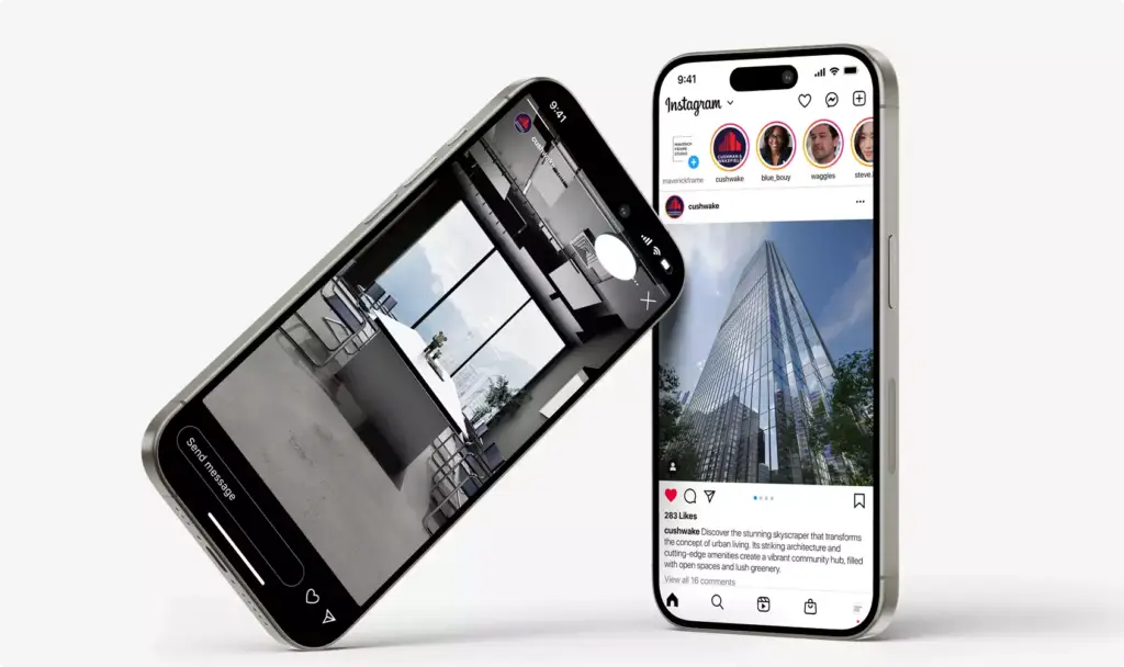 Phone mockup skyscraper renders showing social media posts with tower exterior and office interior views.