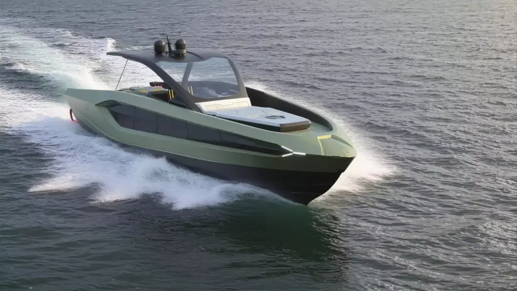Yacht rendering gliding across open water with futuristic yacht design, tinted canopy, and dynamic wake around hull