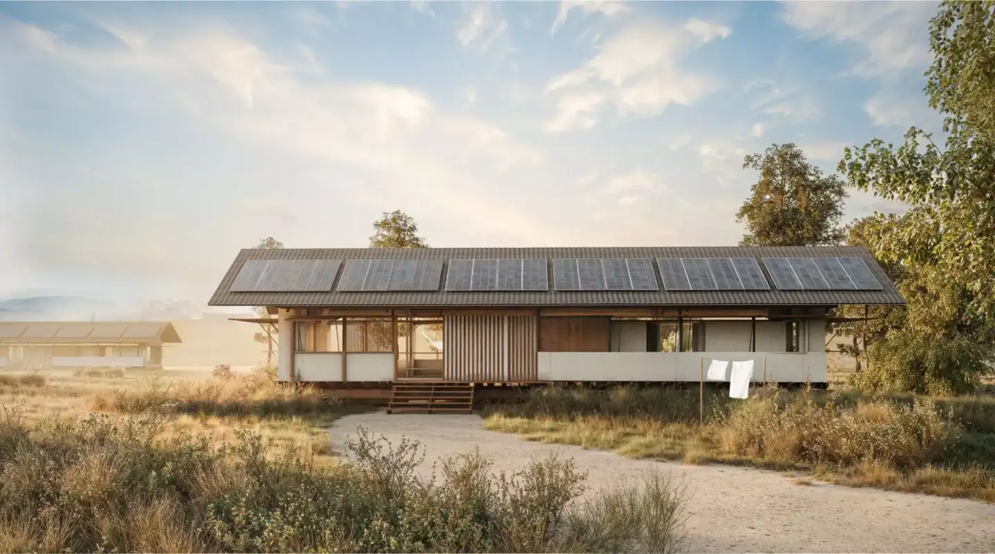 What Is Green Architecture? Meaning, Principles, and Examples Rural solar-powered house with roof panels, dry grasses, and trees