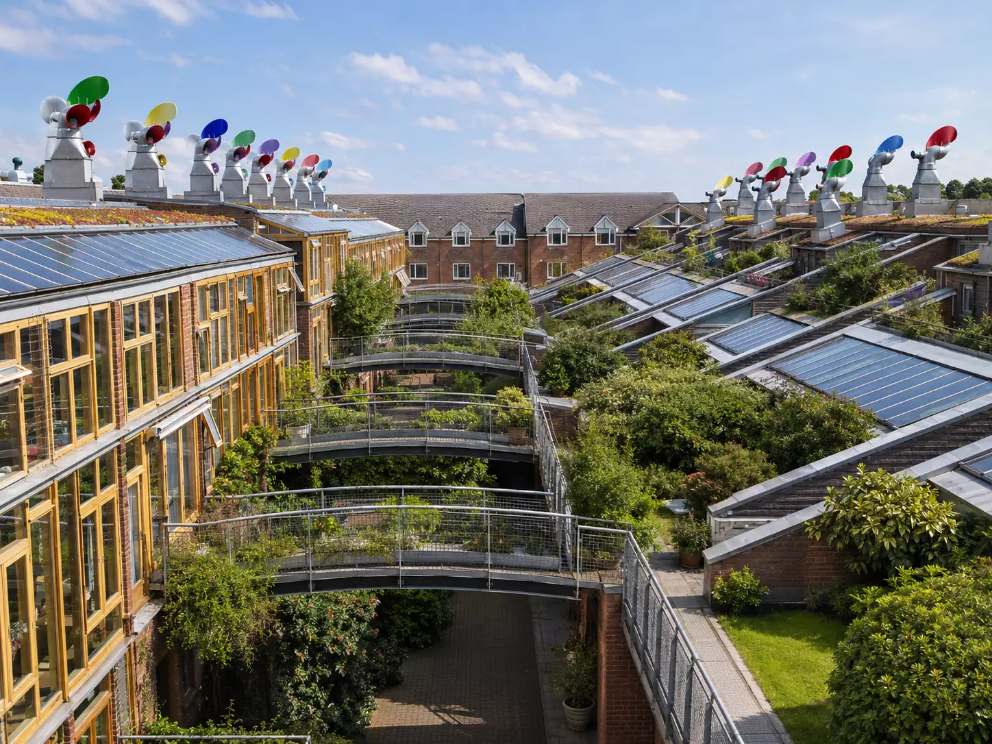 What Is Green Architecture? Meaning, Principles, and Examples Solar roofs, planted terraces, and colorful vents in a green architecture comple