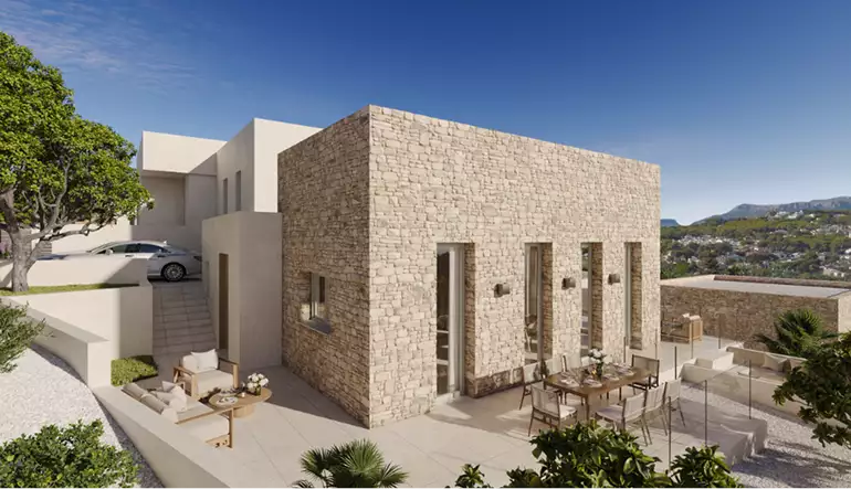 Stone villa exterior terrace, 3D residential rendering, with outdoor seating and hillside view