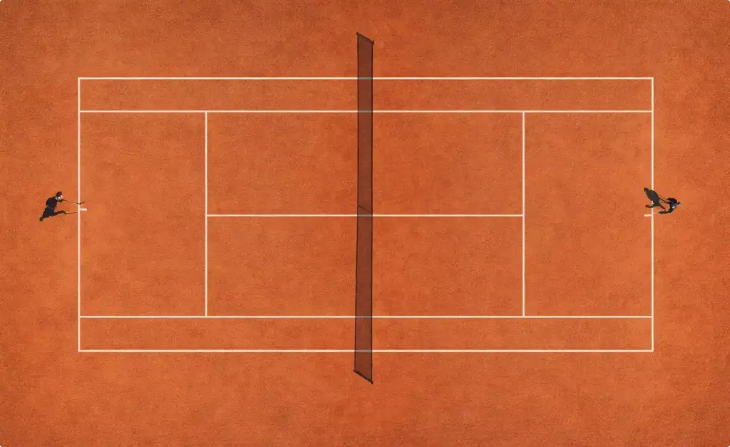 Clay tennis court design stylized top view with silhouette players jumping on opposite sides of net