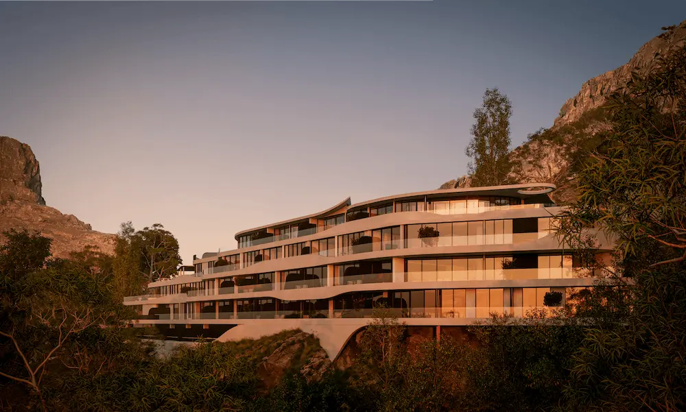 3D Rendering in Los Angeles for Real Estate and Design Long terraced facade at sunset between rocky slopes, real estate rendering