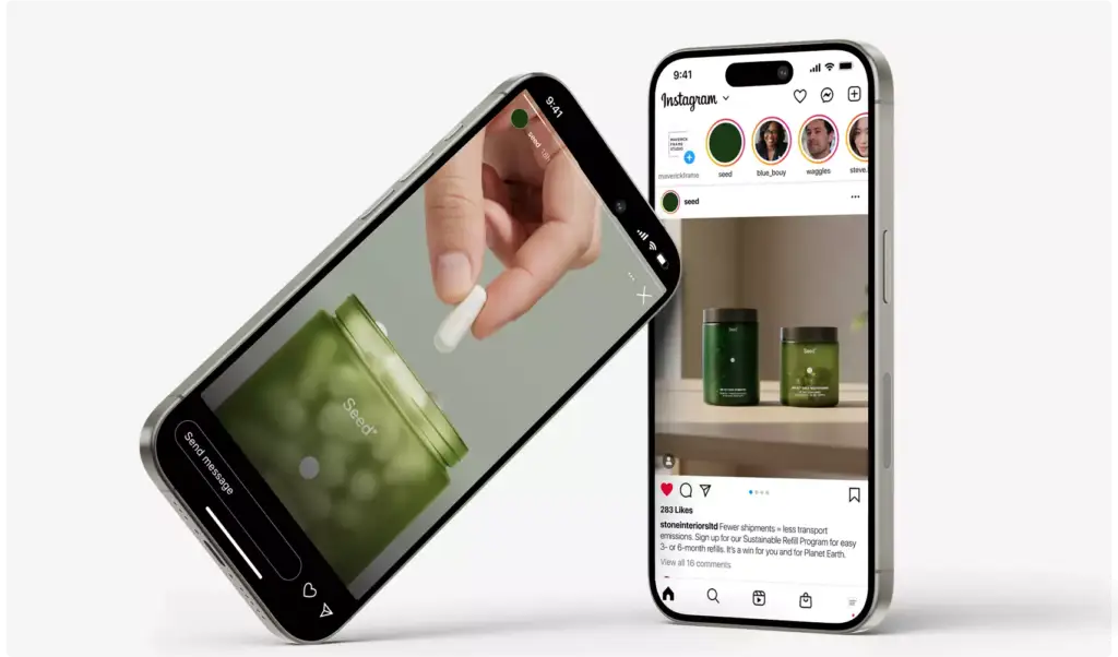 green supplement jars on shelf shown in Instagram post demonstrating supplement package design branding