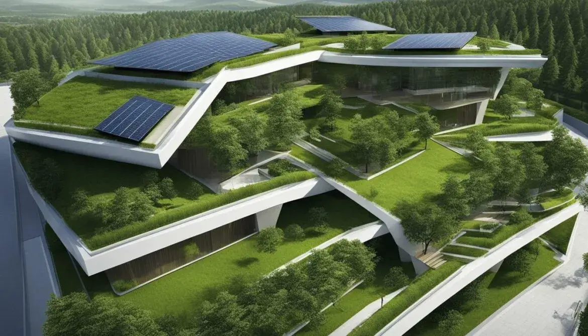 Estilos arquitectónicos: tipos, características y ejemplos Estilo arquitectónico sostenible con cubiertas verdes, terrazas, paneles solares y paisaje integrado