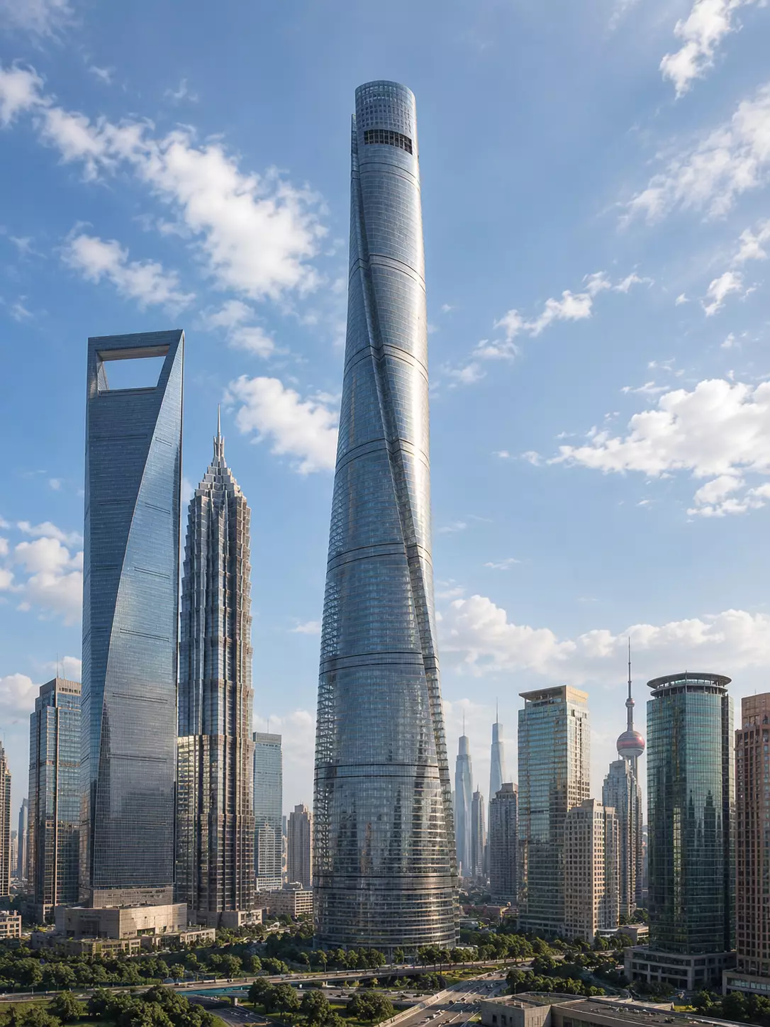 What Is Green Architecture? Meaning, Principles, and Examples Modern Shanghai skyscrapers and tree-lined roads under a blue sky