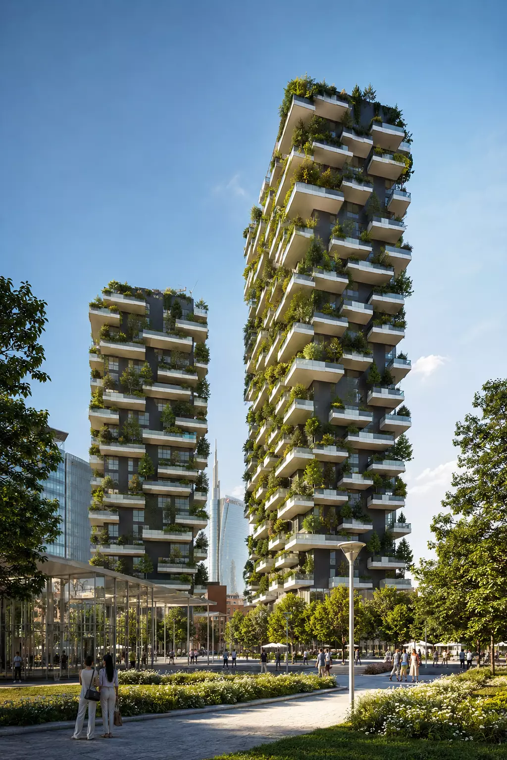 What Is Green Architecture? Meaning, Principles, and Examples Plant-covered residential towers with stacked balconies in a landscaped plaza