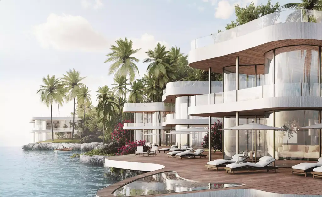 Waterfront 3D hotel renderings show curved villas, deck loungers, palms, and calm sea