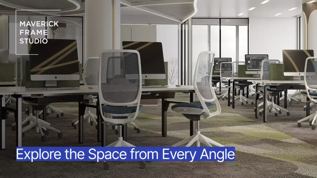 360 Panorama Rendering of a modern office with desks, monitors, chairs, and promo text overlay
