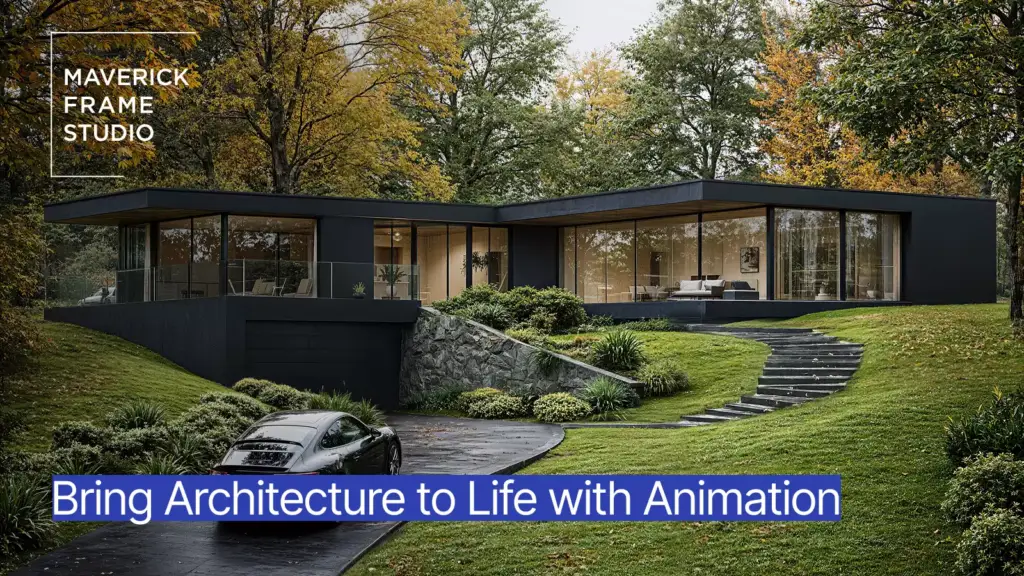 3D Architectural Animation of a modern black house with Maverick Frame Studio and promo text