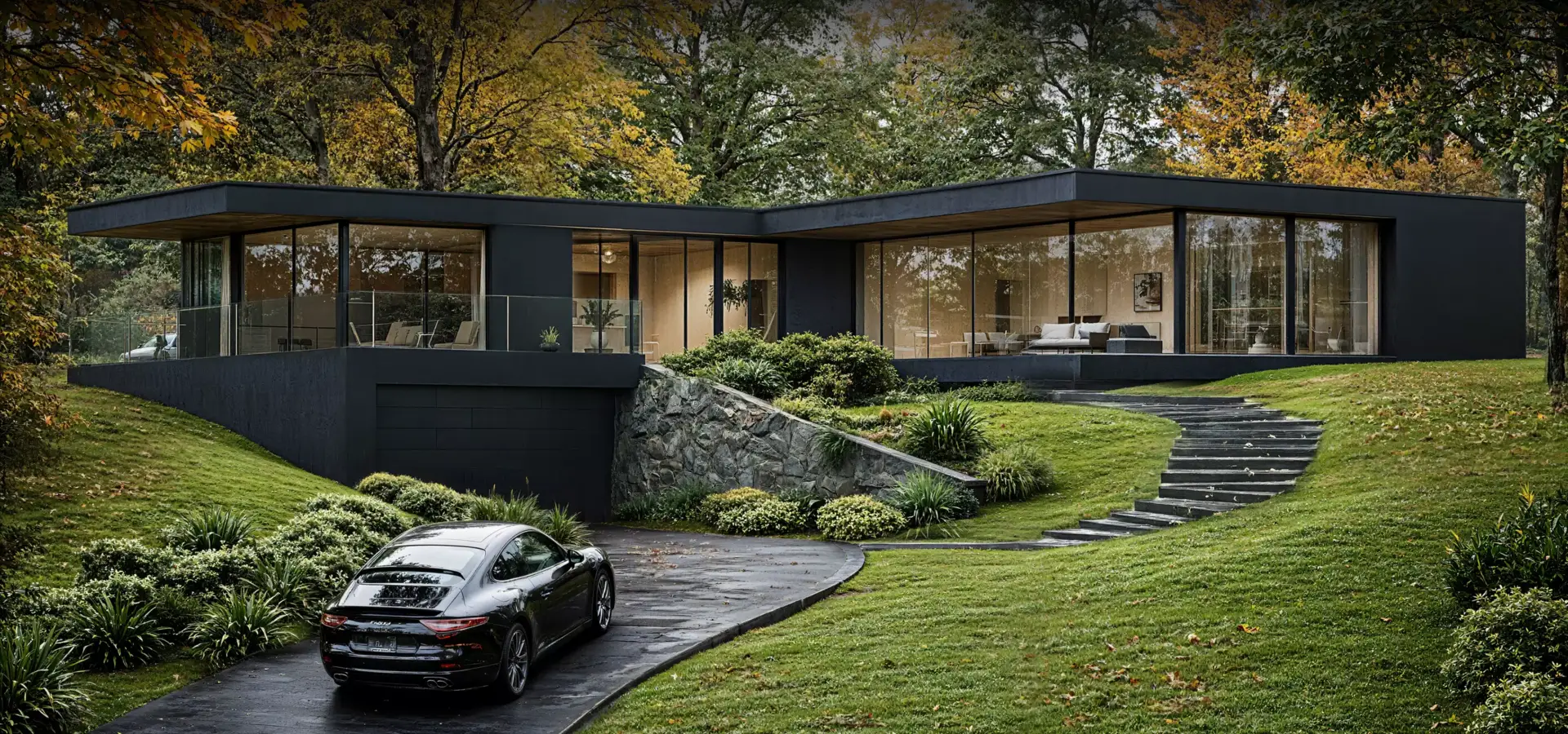 3D Architectural Animation of a modern black glass house with driveway in autumn woods