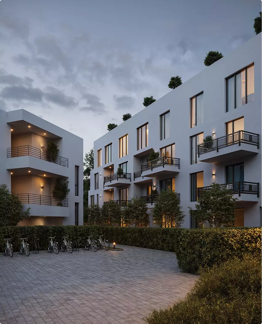 3D architectural rendering for developers of apartment courtyard with balconies, trees, and evening lights