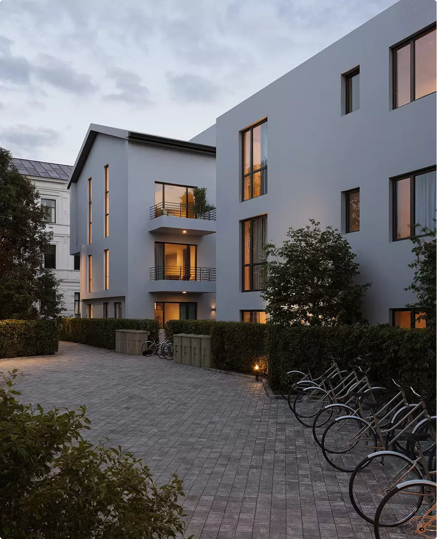 3D architectural rendering for developers of residential courtyard with bicycles, trees, and warm lighting
