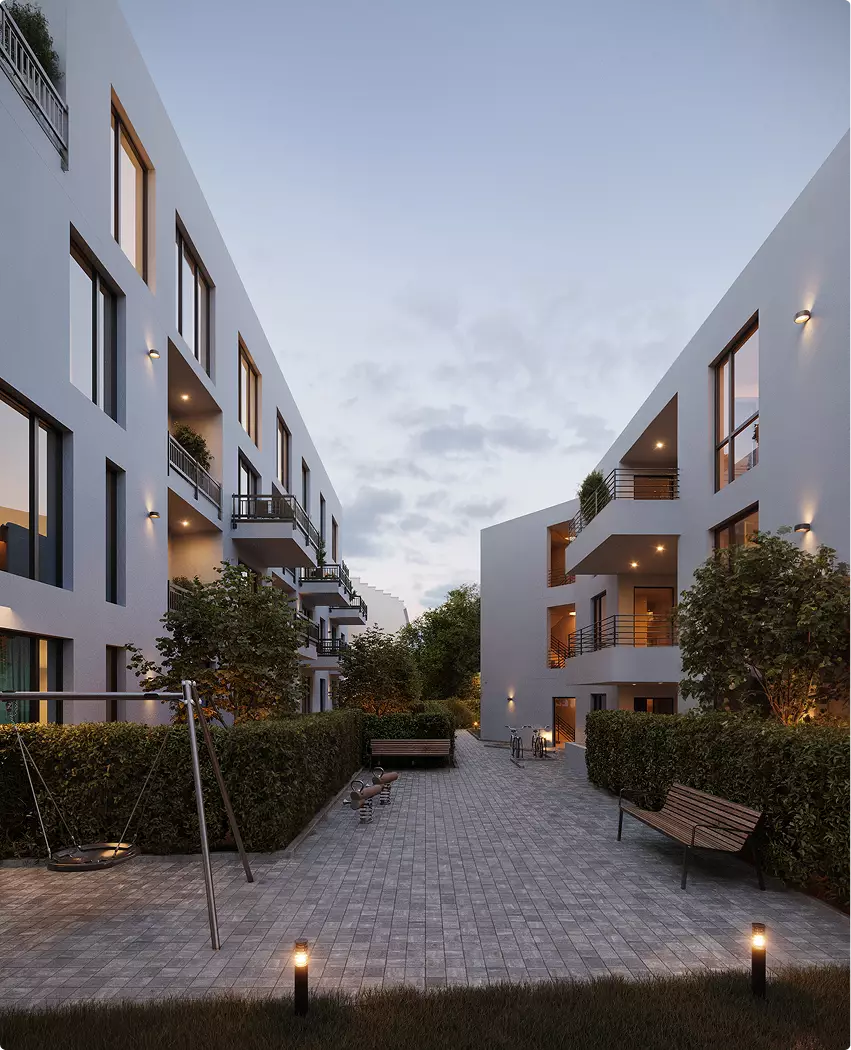 3D architectural rendering for developers of landscaped courtyard with benches, trees, and pathway lighting