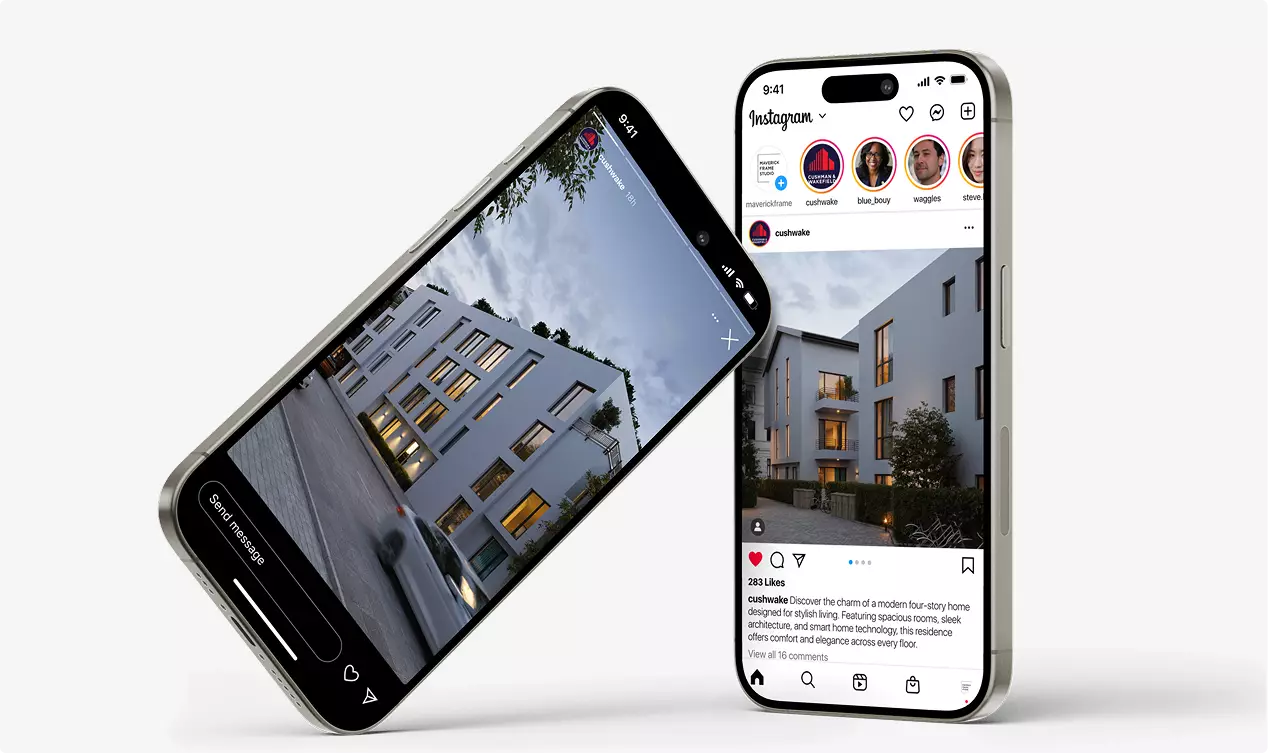 3D architectural rendering for developers shown on smartphones displaying modern apartment exterior scenes
