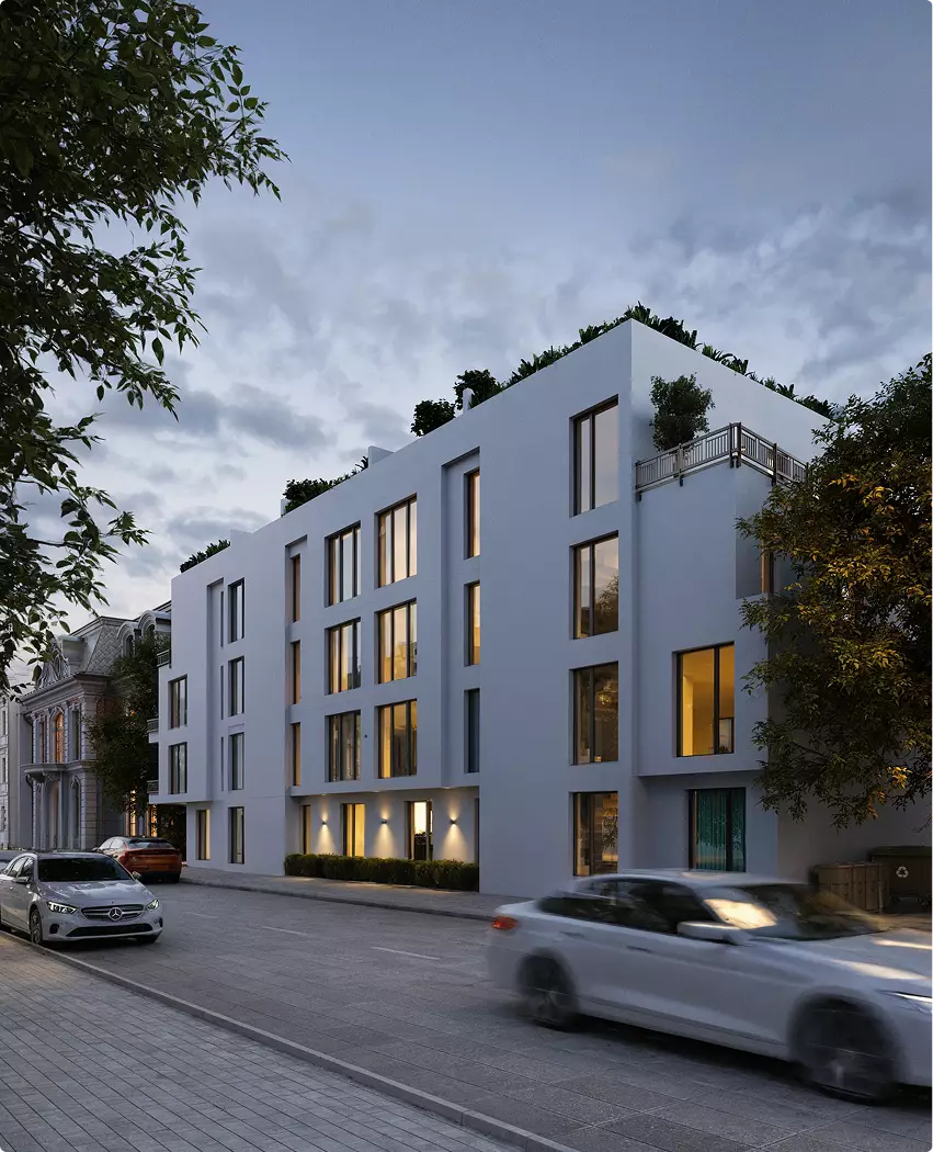 3D architectural rendering for developers of modern apartment building along street with cars and lit windows