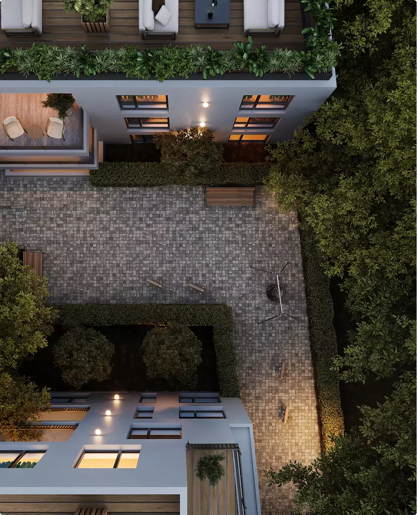 3D architectural rendering for developers top view of courtyard with seating, trees, and paved layout