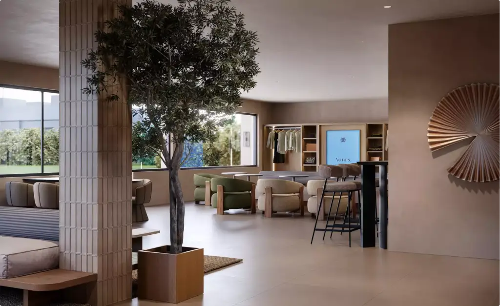 3D architectural rendering of hotel lobby with seating area, indoor tree and warm minimalist design