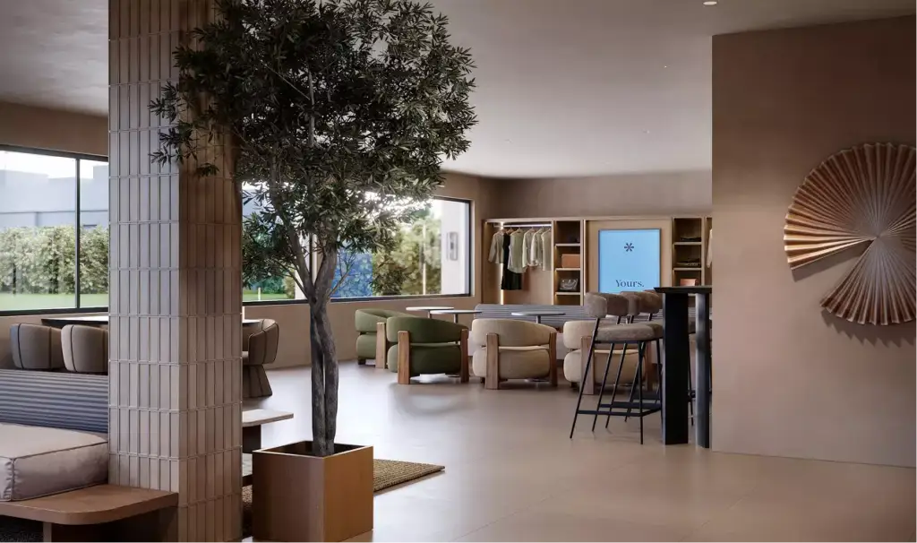3D architectural rendering of hotel lobby with seating area, indoor tree and warm minimalist design