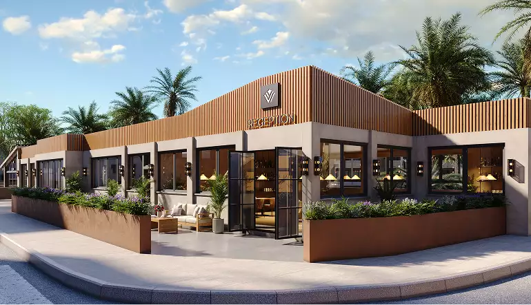 3D architectural rendering of hotel reception building with outdoor seating and palm trees