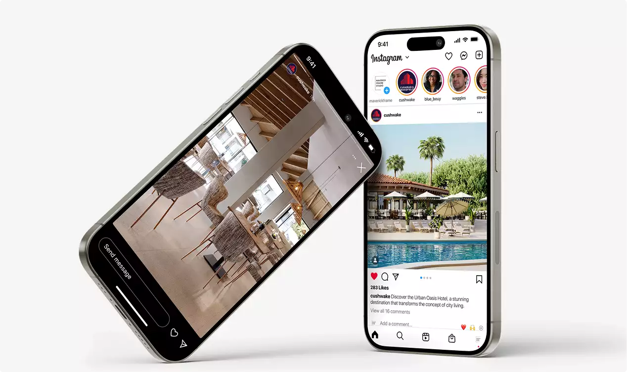 3D architectural rendering of smartphones displaying hotel interior and pool on social media screens