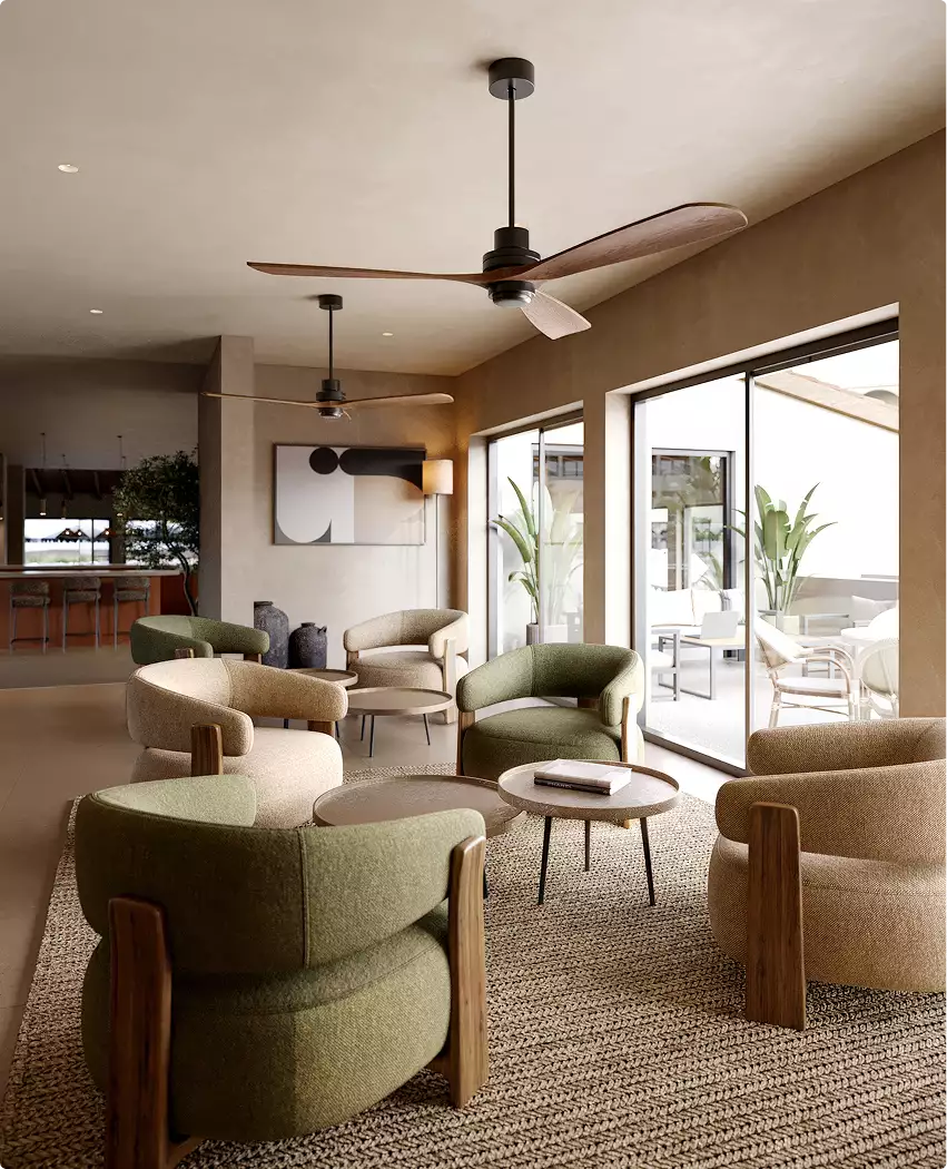 3D architectural rendering of lounge seating area with armchairs, tables and large windows