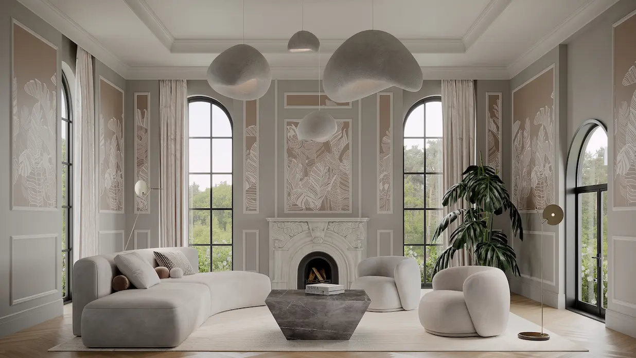 Outsourcing 3D Rendering: What It Really Costs and How to Choose a Studio Elegant living room with arched windows and fireplace, 3D architectural rendering outsource