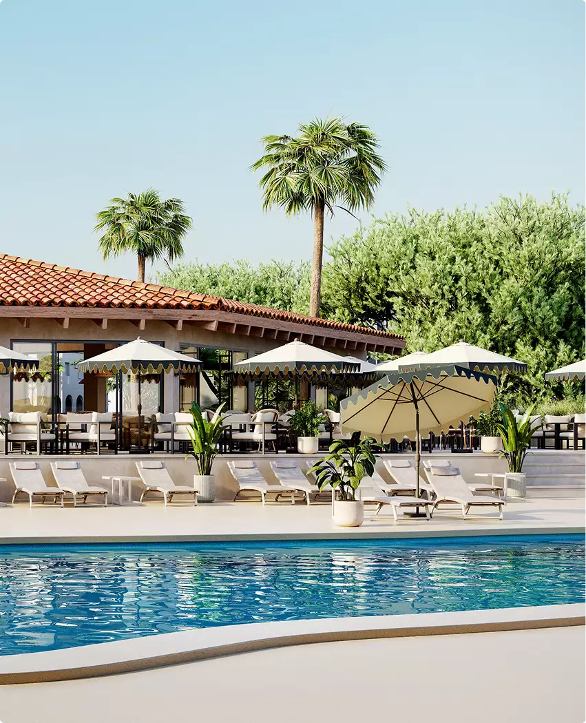 3D architectural rendering of poolside with umbrellas, lounge chairs and low building with tiled roof