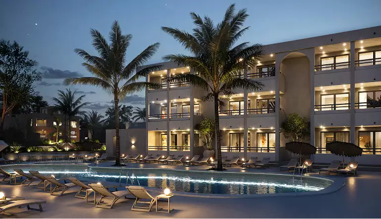 3D architectural rendering of resort pool at night with lit buildings, palm trees and lounge chairs