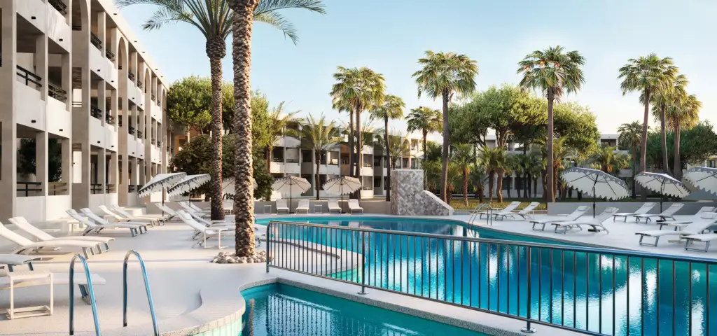 3D architectural rendering of resort pool with palm trees, sun loungers and surrounding buildings