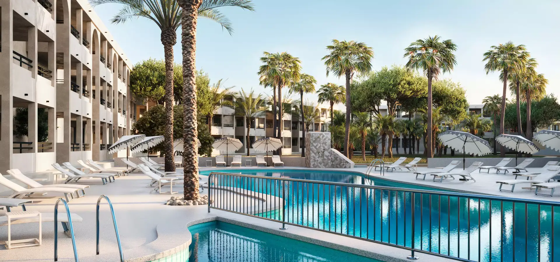 3D architectural rendering of resort pool with palm trees, sun loungers and surrounding buildings