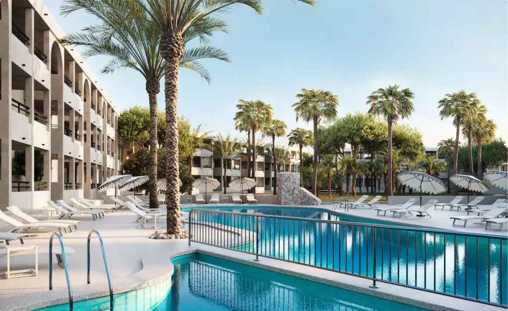 3D architectural rendering of resort pool with palm trees, lounge chairs and surrounding buildings