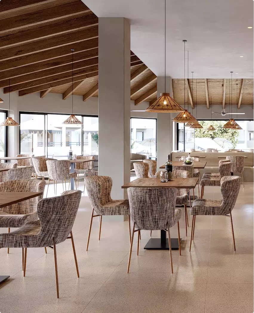 3D architectural rendering of restaurant dining area with tables, upholstered chairs and pendant lights
