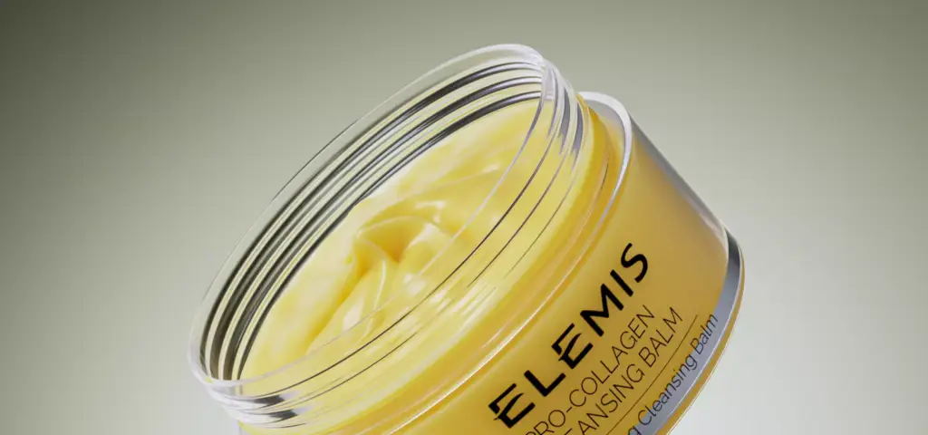 3D cosmetic yellow cleansing balm in open jar showing smooth texture close up on neutral background