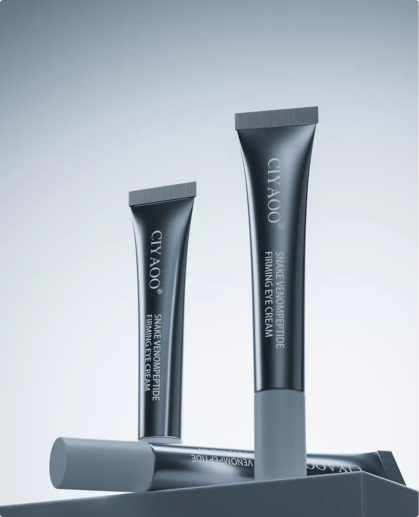3D cosmetic eye cream tubes arranged upright on pedestal with metallic finish and clean background