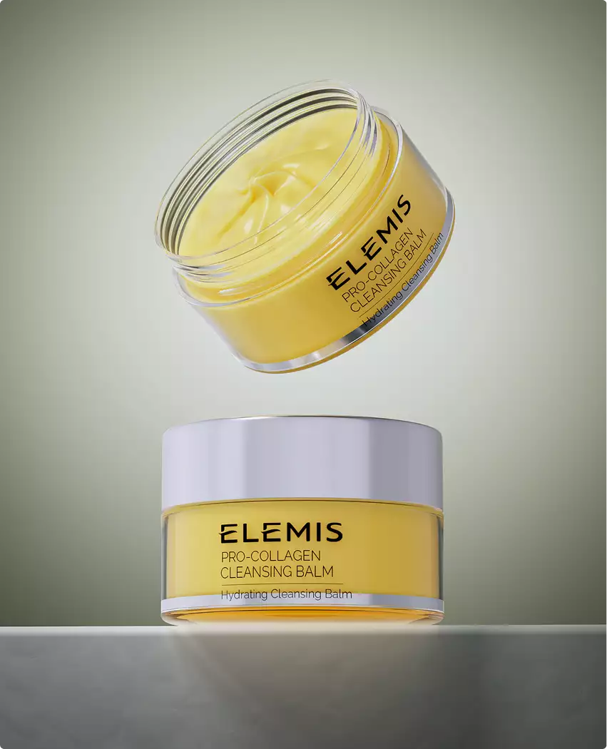 3D cosmetic cleansing balm jar floating above another jar with creamy texture and soft lighting