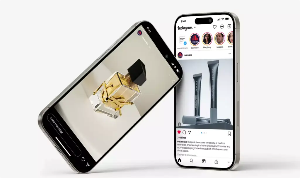 3D cosmetic smartphones displaying beauty products on screen in modern minimal composition