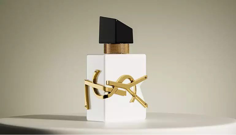 3D cosmetic white perfume bottle with gold logo detail on pedestal against neutral background