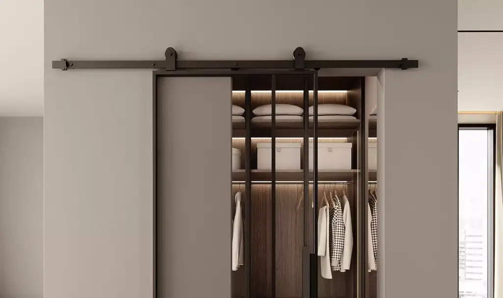 3D door renders for new collection launch of sliding barn glass door revealing organized closet interior