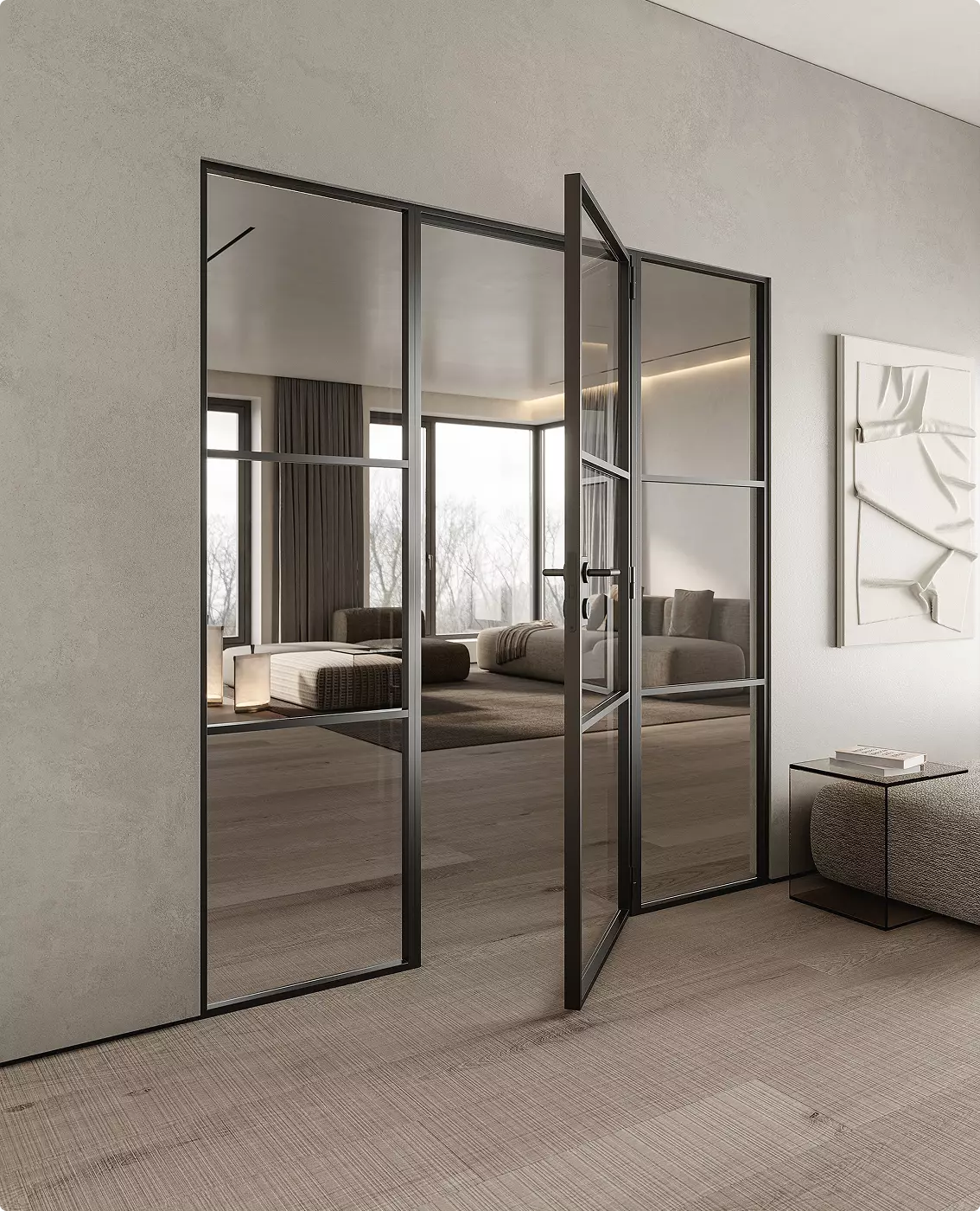 3D door renders for new collection launch featuring black framed glass swing door in modern living room