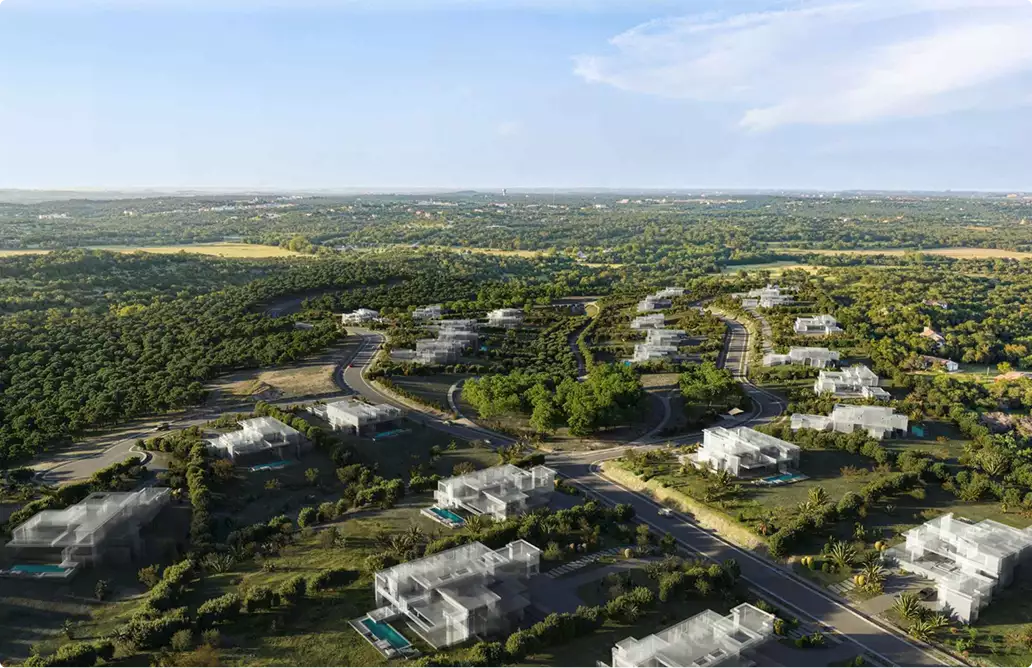 Real Estate Advertising: Ideas, Platforms, and Costs for 2026 Aerial 3D render of a residential development for marketing