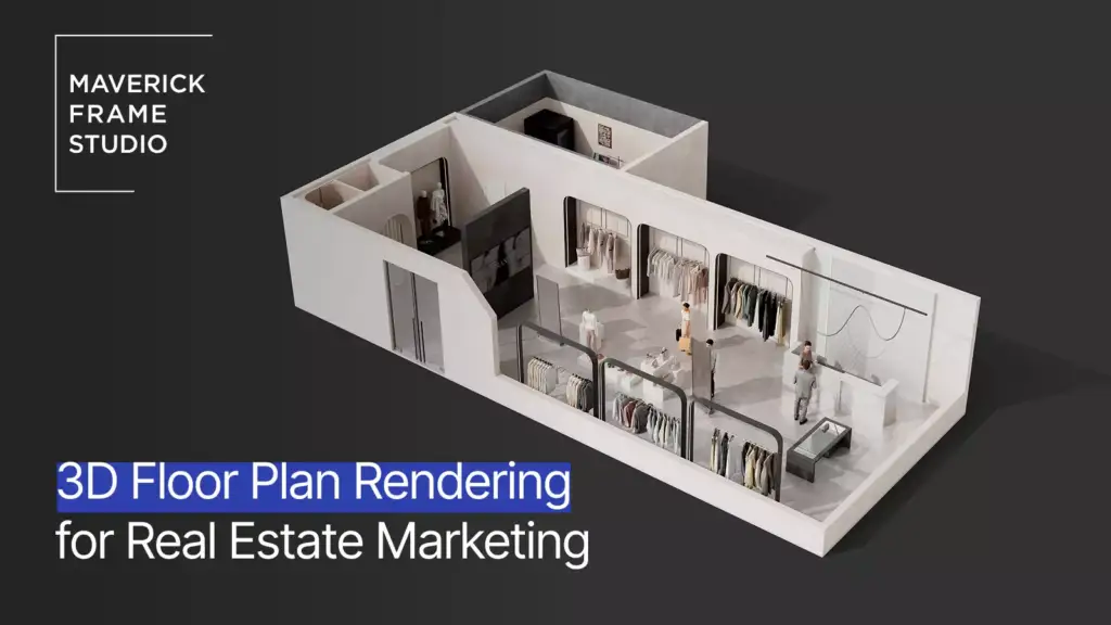 3D floor plan rendering promo slide with retail layout, studio logo, and real estate marketing headline
