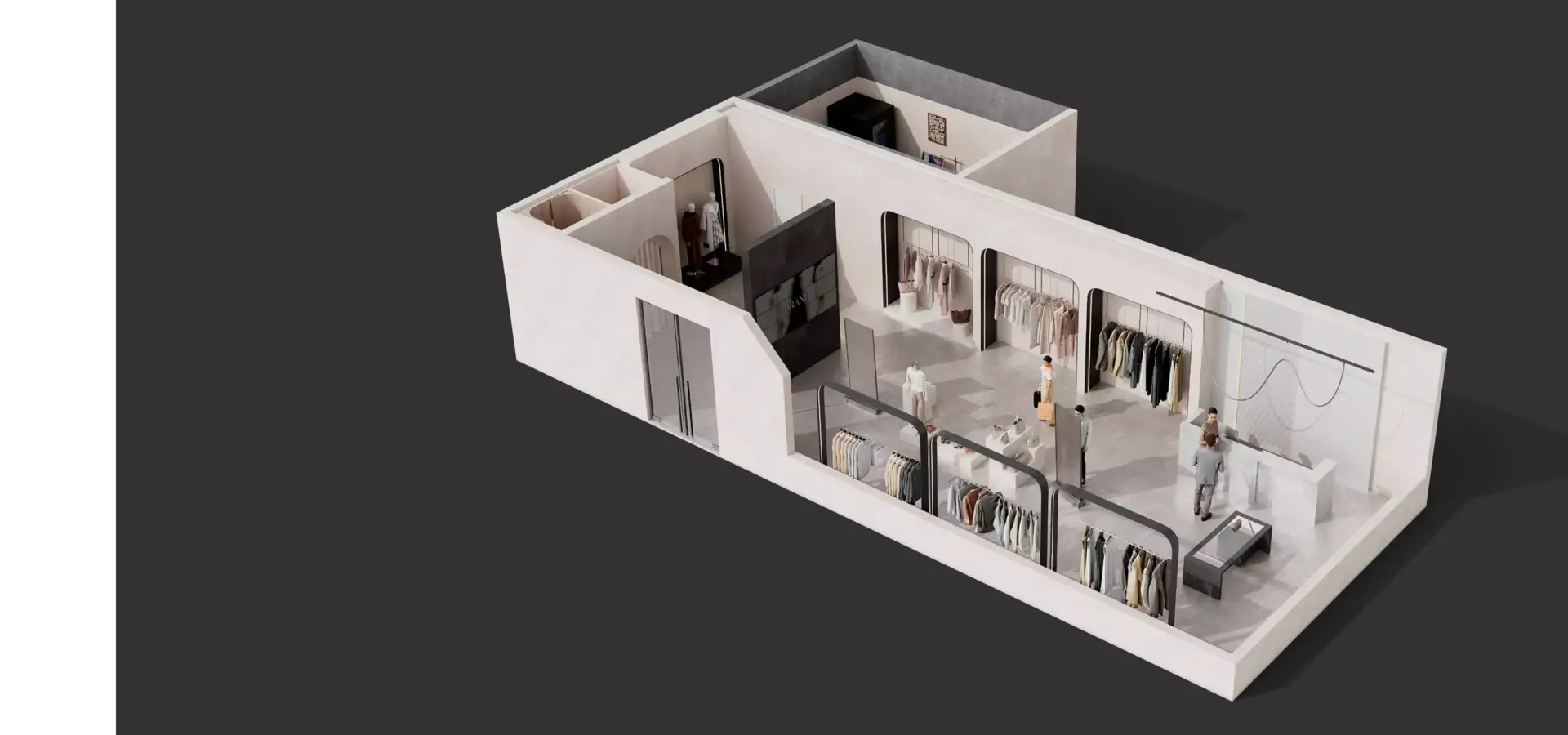 3D floor plan rendering of a retail store layout with clothing displays, fitting rooms, and checkout area
