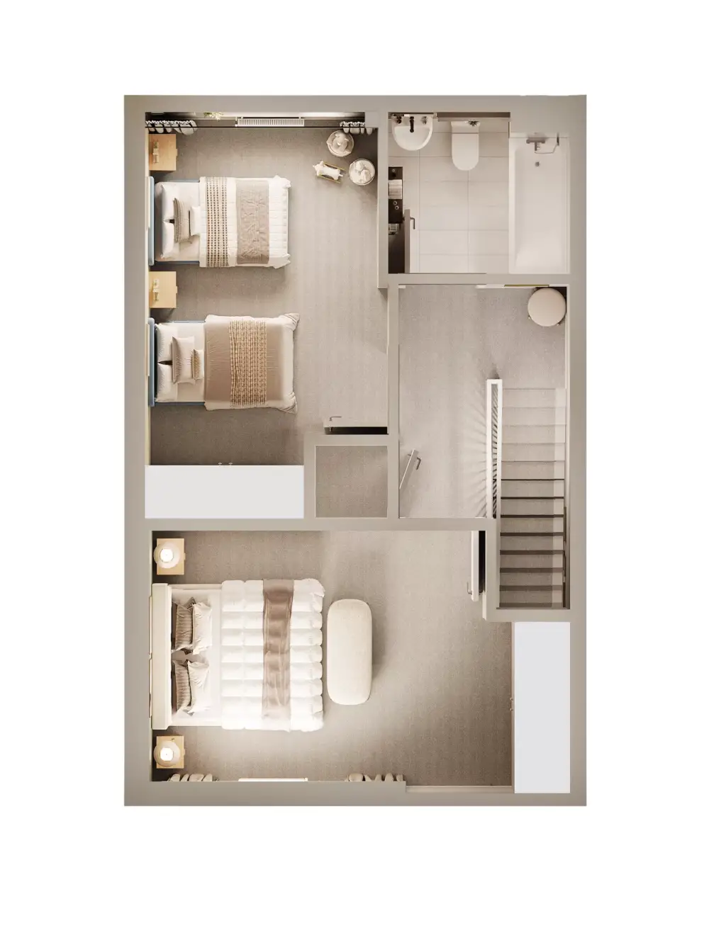3D Floor Plan Rendering Services bedroom floor plan with stairs and bathroom layout