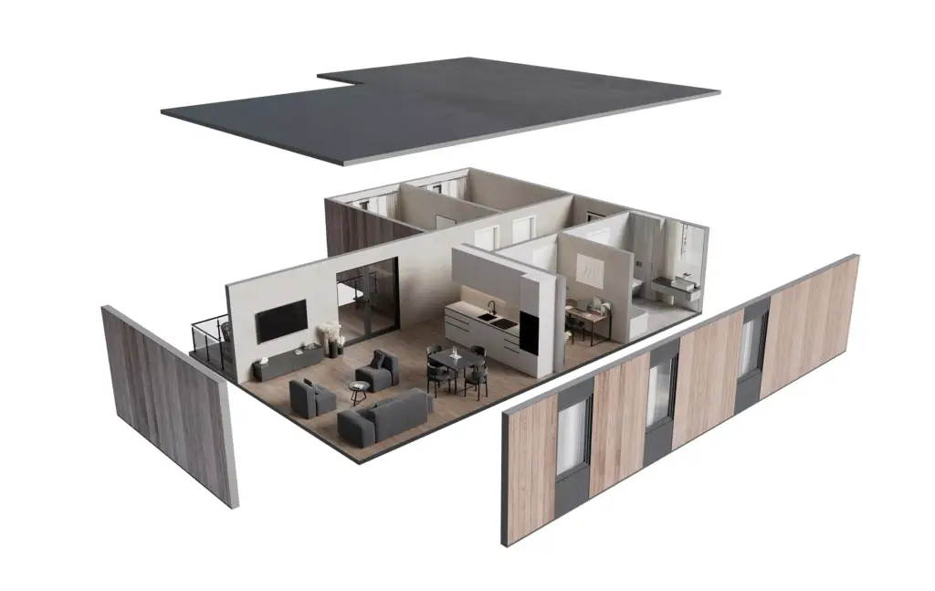 3D Floor Plan Rendering Services exploded apartment view with open living and kitchen area