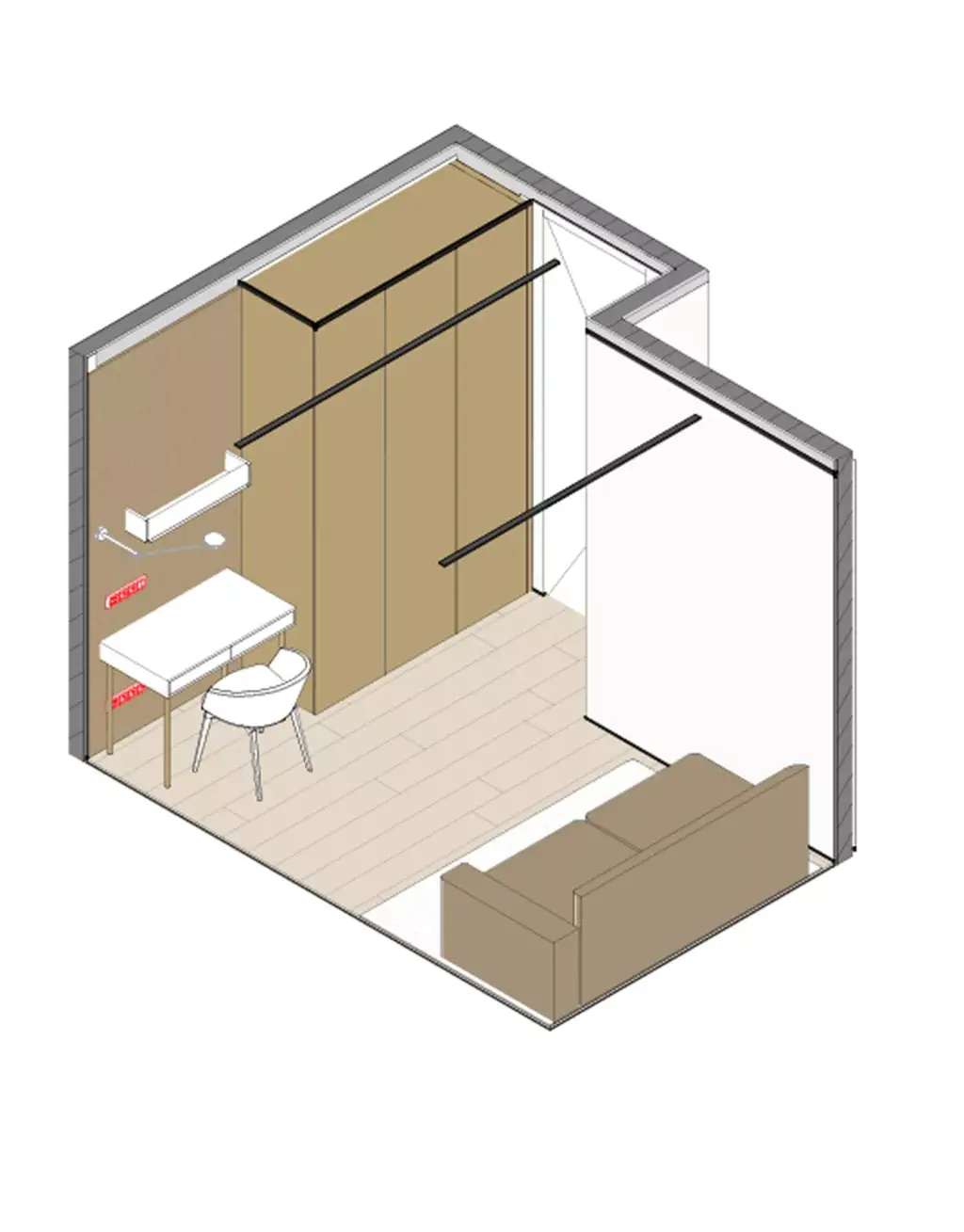 3D Floor Plan Rendering Services home office with desk, sofa, and wardrobe storage